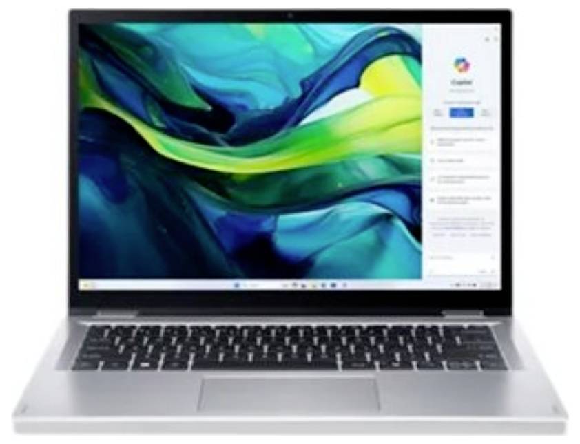 Geöffneter Laptop mit einem bunten abstrakten Bildschirm und sichtbaren Desktop-Symbolen.