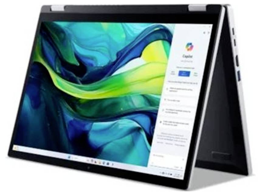 Stilvolles Convertible-Laptop im Zeltmodus, das eine lebendige abstrakte Kunst auf dem Bildschirm mit Anwendungsschnittstelle zeigt und Vielseitigkeit hervorhebt.