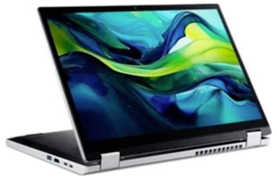 Ein silberner Laptop im Tablet-Modus mit einer farbenfrohen abstrakten Bildschirmanzeige, die Blau-, Grün- und Gelbtöne zeigt.