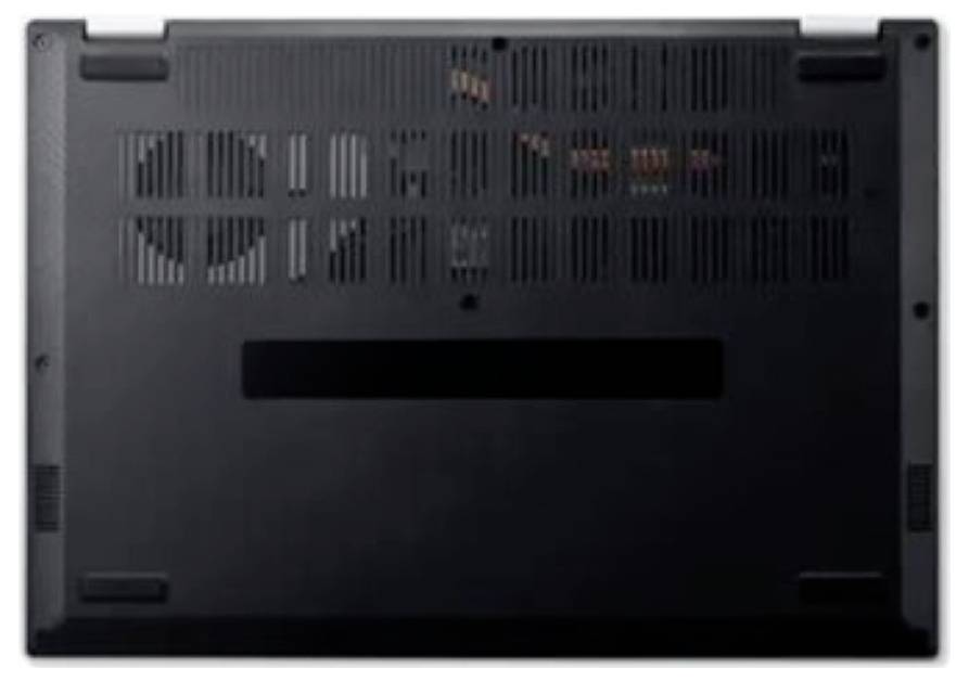 Das Bild zeigt die Unterseite eines Laptops mit Belüftungsgittern für Luftzirkulation und Kühlung.