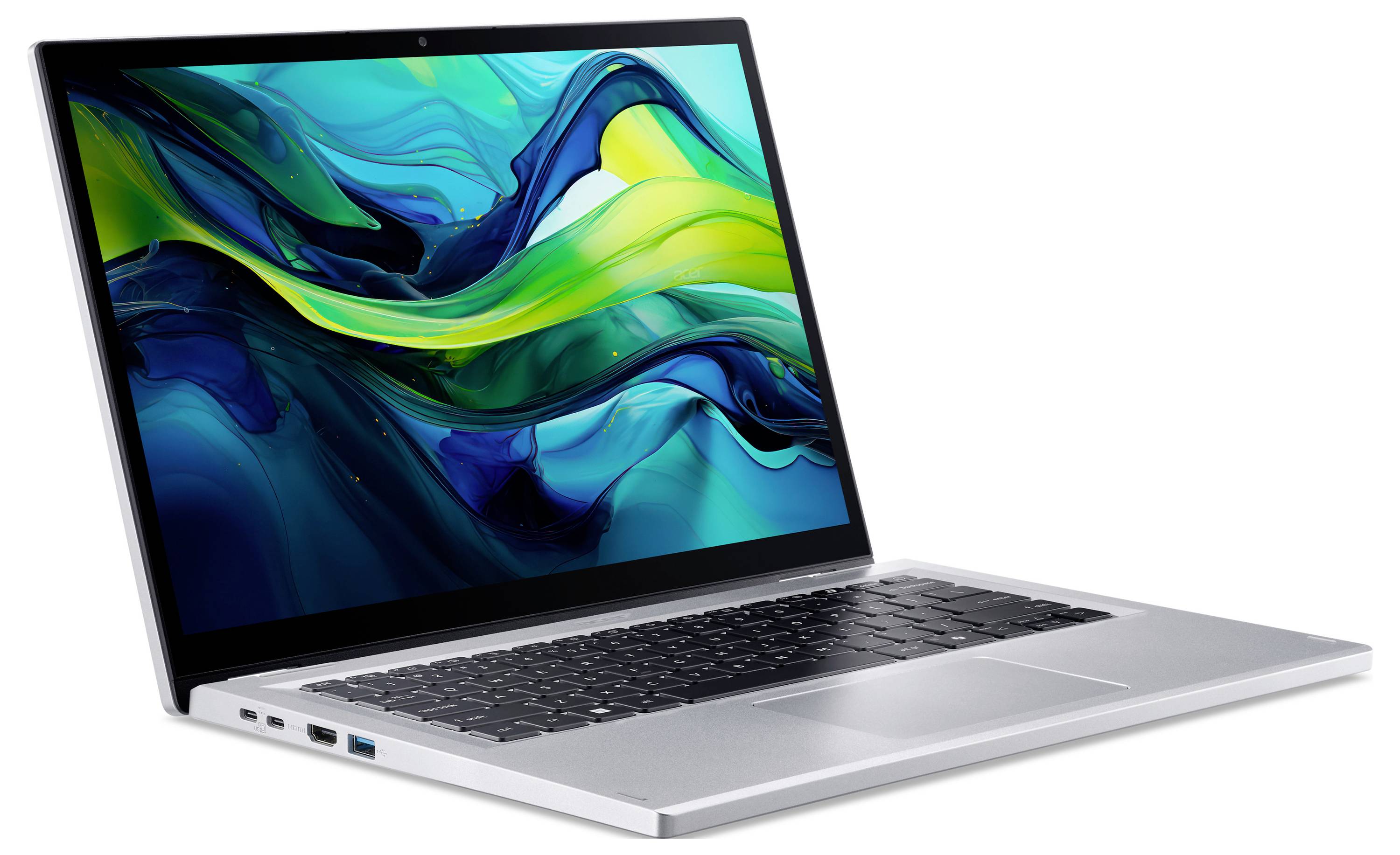 Ein silberner Laptop mit einer farbenfrohen abstrakten Bildschirmanzeige, die aus wirbelnden blauen, grünen und gelben Mustern auf weißem Hintergrund besteht.