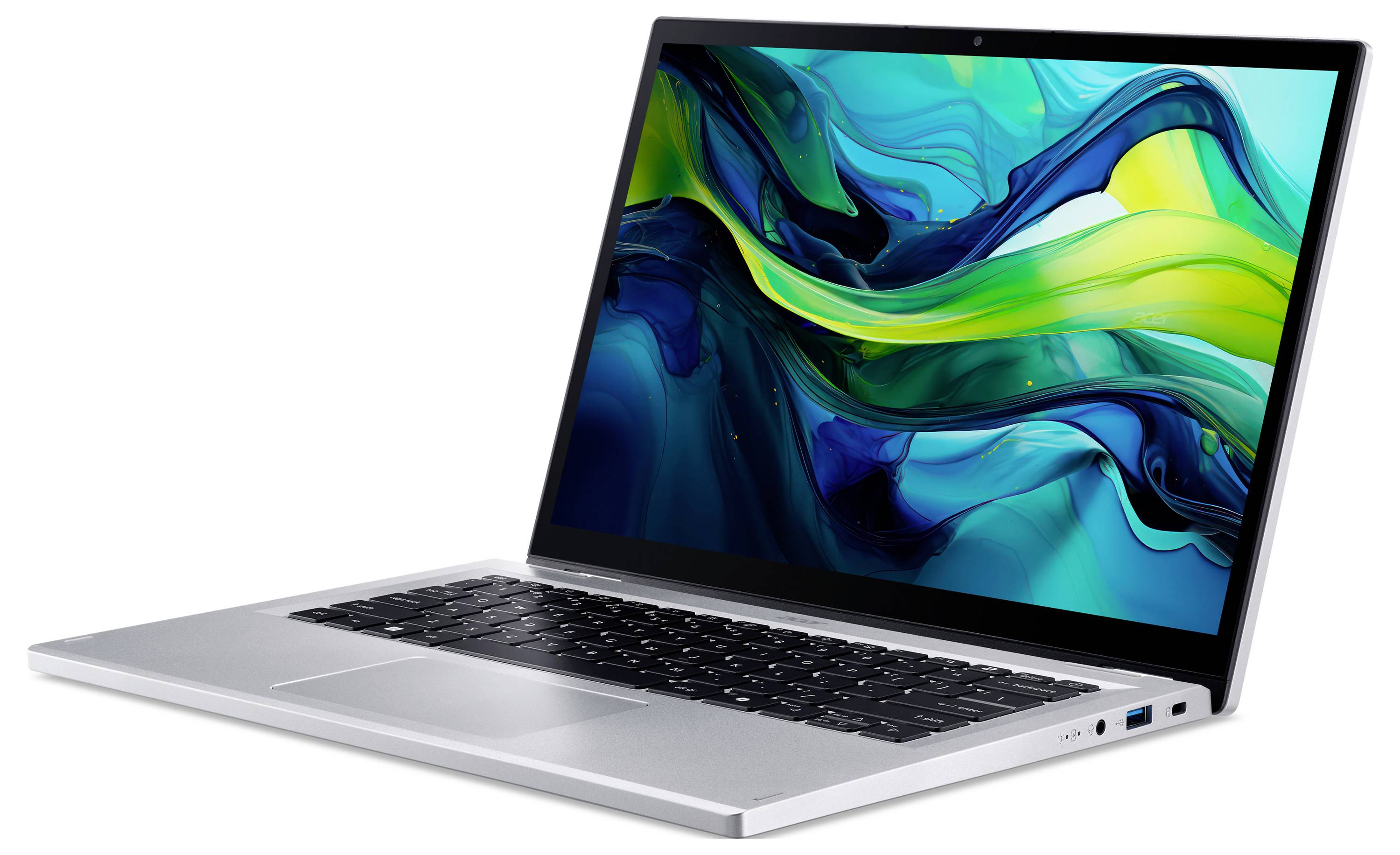 Ein schlankes silbernes Laptop mit einem lebhaften abstrakten Blau- und Grünwirbel-Design auf dem Bildschirm, von der Seite präsentiert.