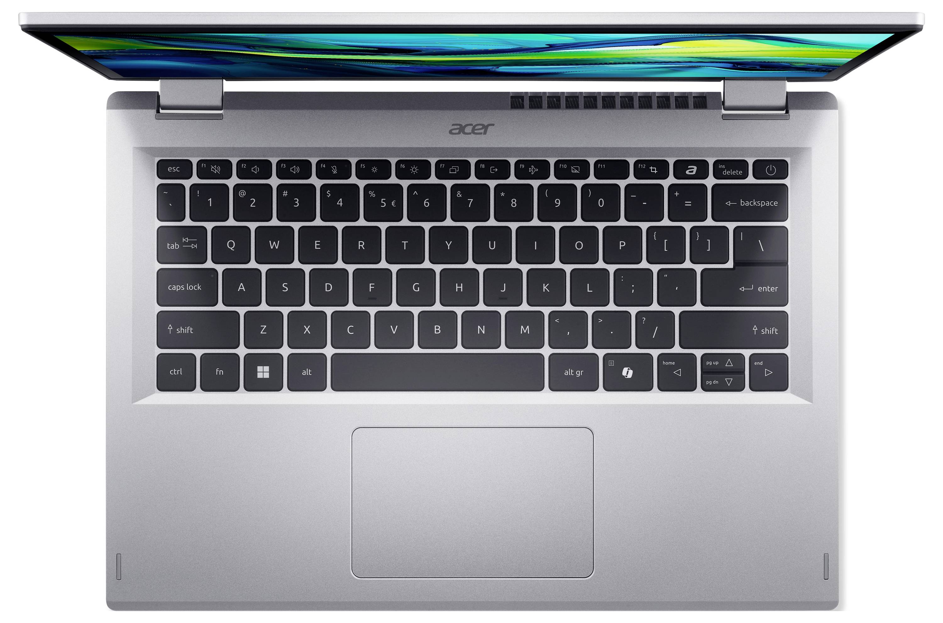 Ein silberner Laptop von oben betrachtet, mit einer vollständigen QWERTY-Tastatur und einem Trackpad, wobei der Bildschirm oben teilweise sichtbar ist.