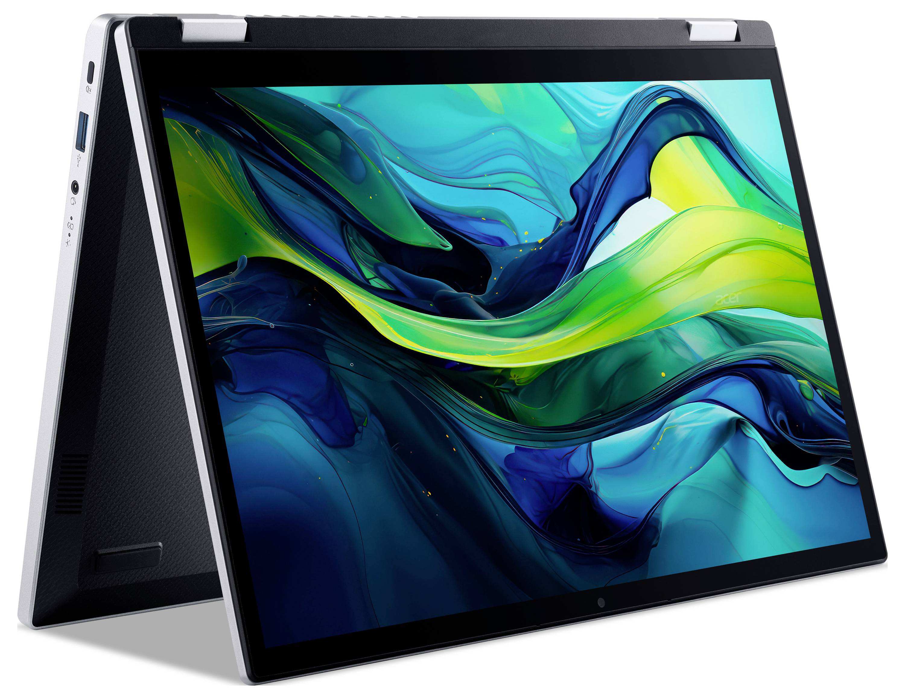 Ein Laptop im Zeltmodus zeigt auf seinem Bildschirm abstrakte Kunst mit wirbelnden Schattierungen von Blau, Grün und Gelb und demonstriert dabei seine Flexibilität.