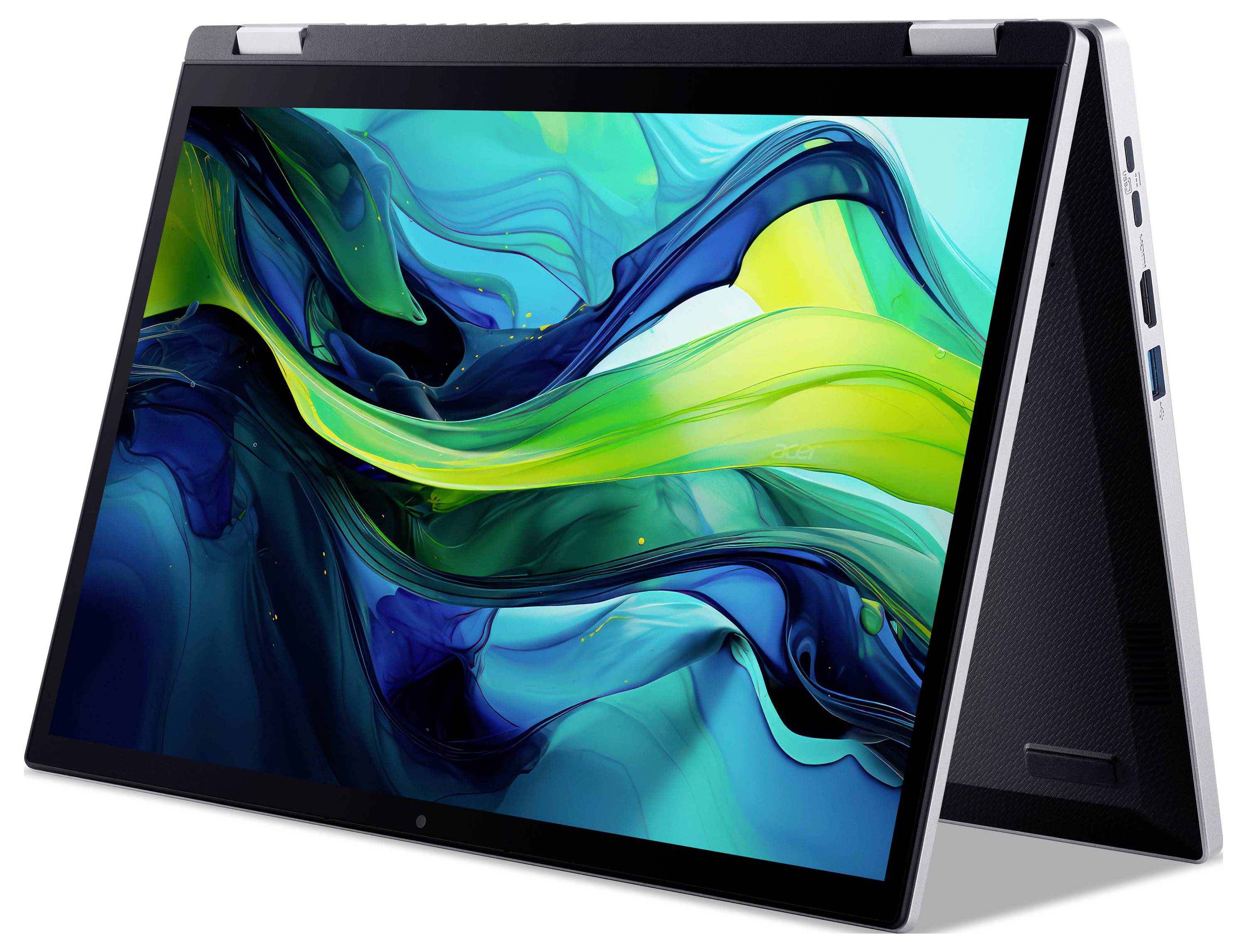 Laptop im Zeltmodus, der abstrakte Kunstwerke mit wirbelnden blauen und grünen Mustern auf dem Bildschirm zeigt.