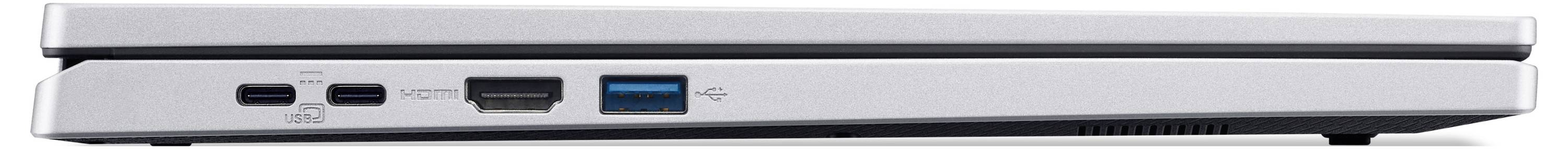 Ein geschlossener silberner Laptop, von der Seite betrachtet, mit Anschlüssen wie USB und HDMI.