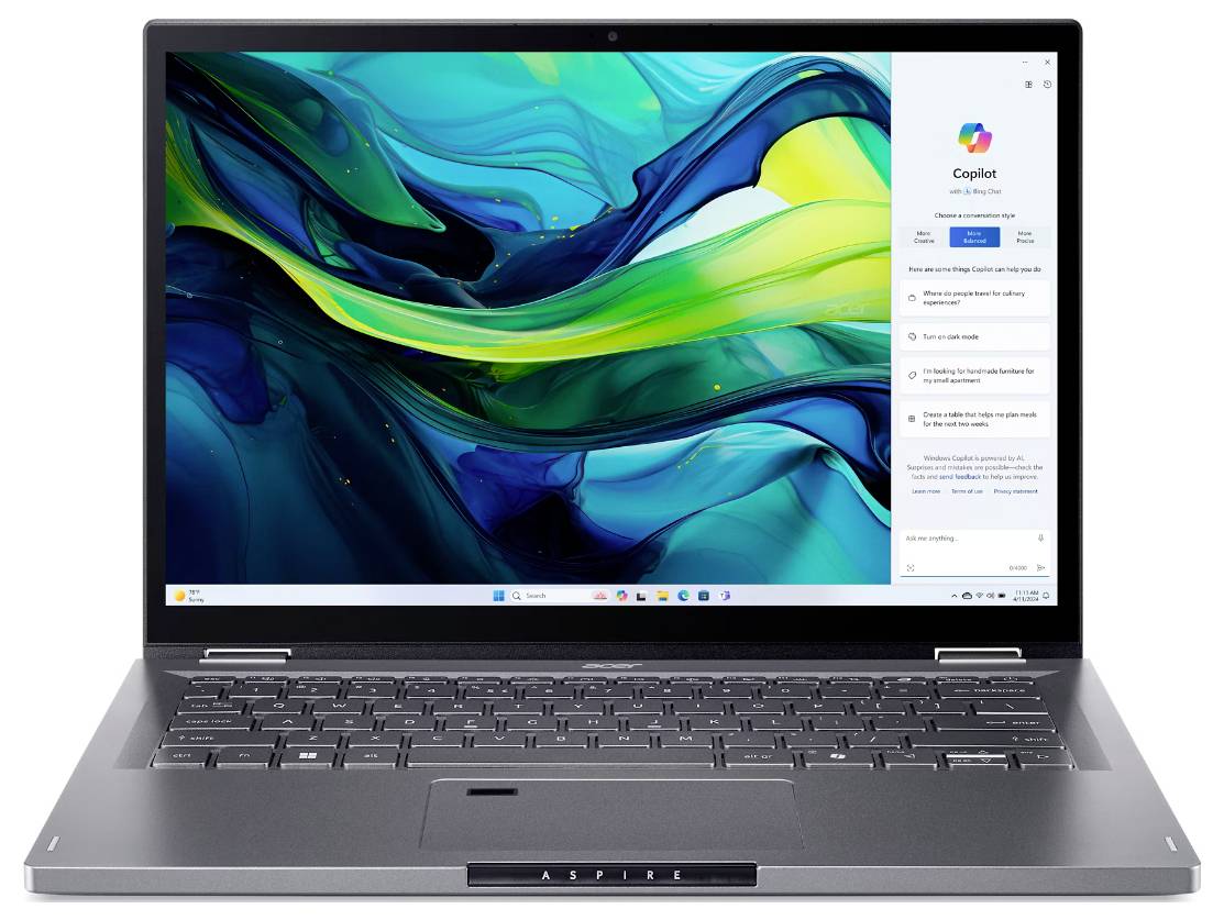 Laptop mit lebendigem abstraktem blau-grünem Hintergrund auf dem Bildschirm, der ein geöffnetes Anwendungsfenster zeigt.