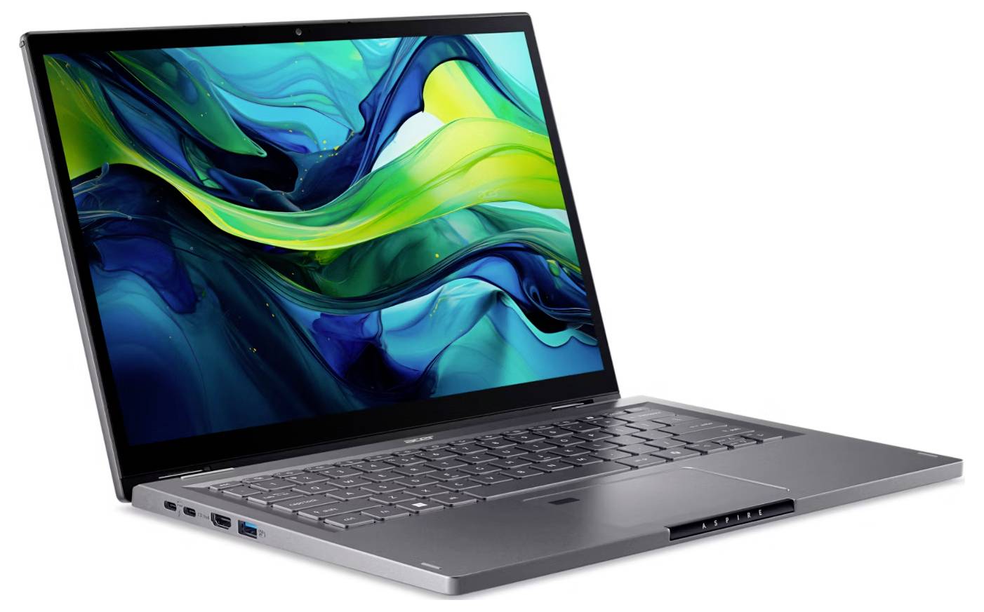 Ein silberner Laptop mit einer farbenfrohen abstrakten Bildschirmanzeige, die blaue, grüne und gelbe Wirbel zeigt. Der Laptop ist leicht nach rechts geneigt.