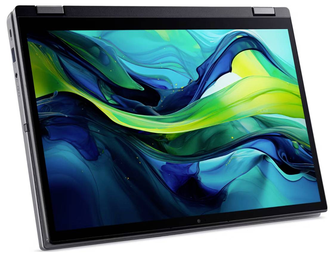 Eine Tablette mit einer farbenfrohen abstrakten Darstellung von wirbelnden Blau-, Grün- und Gelbtönen, vor einem weißen Hintergrund.