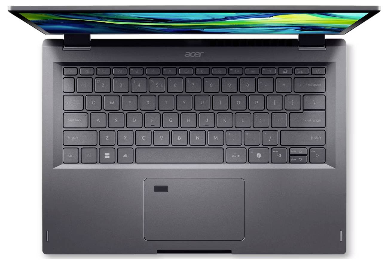 Eine Draufsicht einer Acer-Laptop-Tastatur mit einem dunkelgrauen Design, einem Touchpad und einem teilweise geöffneten Bildschirm, der ein lebendiges Bild zeigt.
