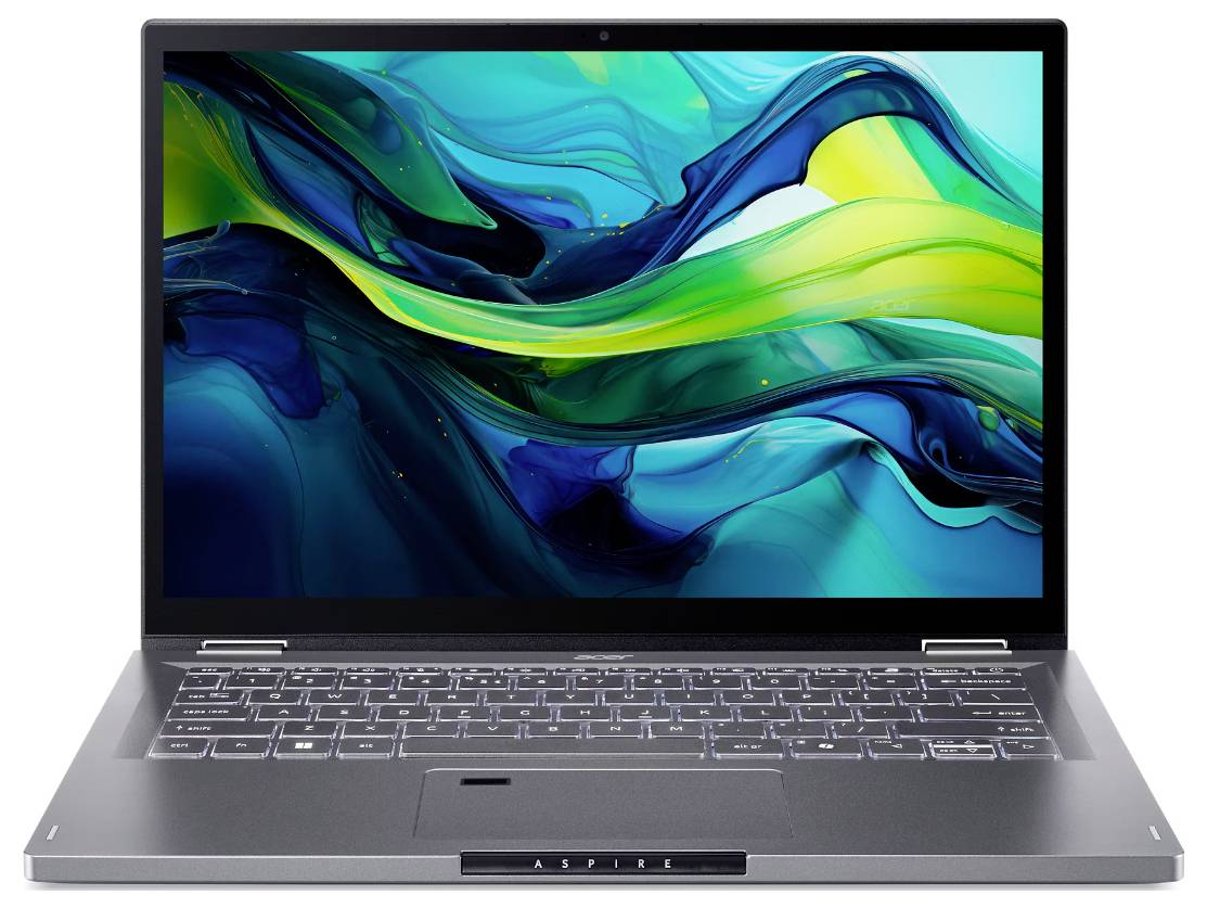 Ein schlankes Laptop mit einem leuchtenden Bildschirm, auf dem abstrakte blaue, grüne und gelbe Wellen dargestellt sind. Die Tastatur ist hintergrundbelichtet, und der Markenname 'ASPIRE' ist unterhalb des Displays sichtbar.