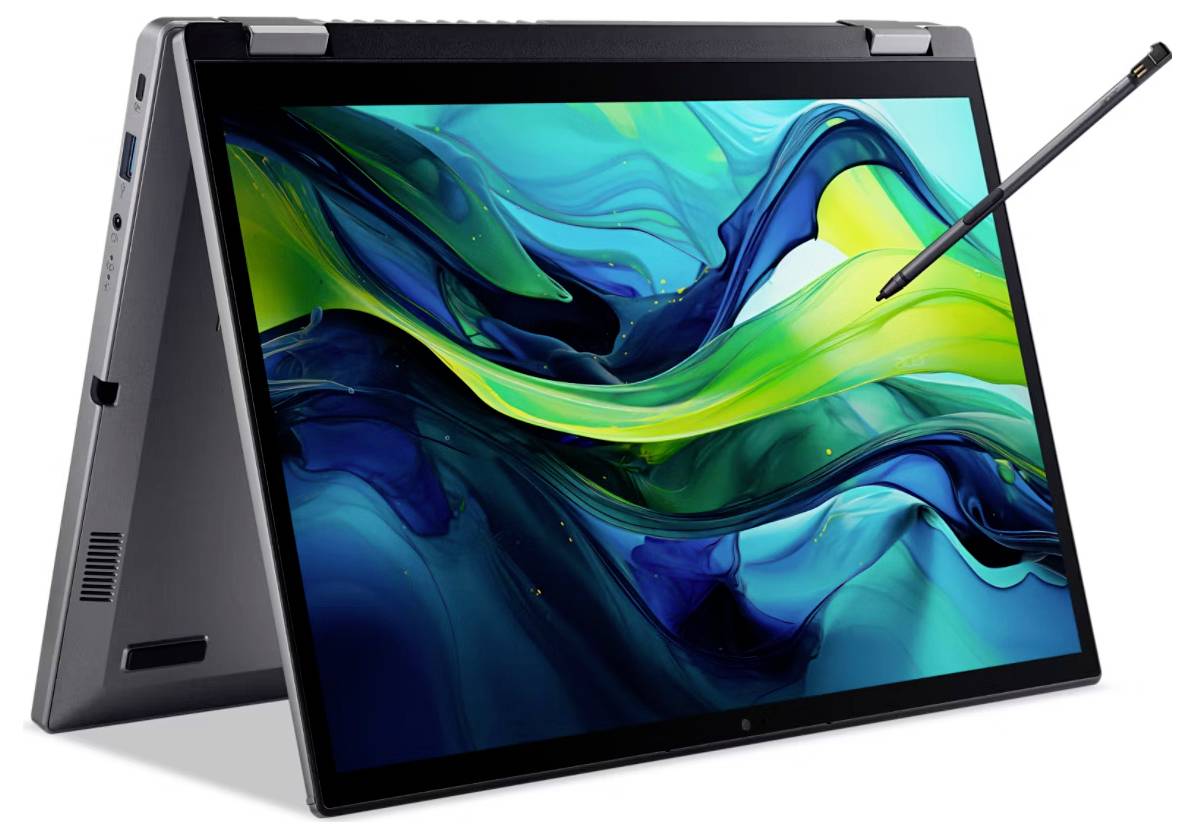 Ein Convertible-Laptop im Zeltmodus mit einem Eingabestift interagiert mit einem lebhaften abstrakten Bildschirm, der wirbelnde blau und grüne Farben zeigt.