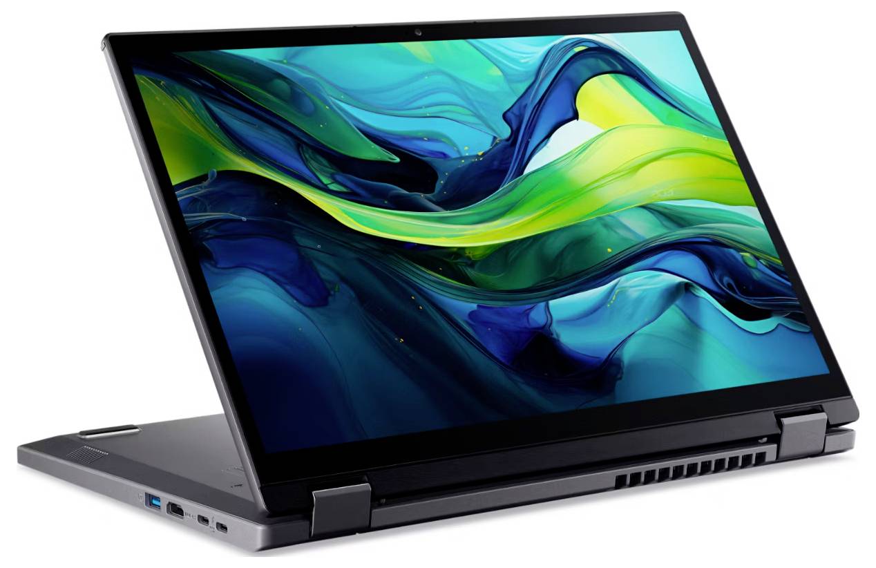 Ein Convertible-Laptop mit einem bunten abstrakten Design auf dem Bildschirm, geneigt in den Tablet-Modus mit sichtbaren Scharnieren und Anschlüssen an der Seite.