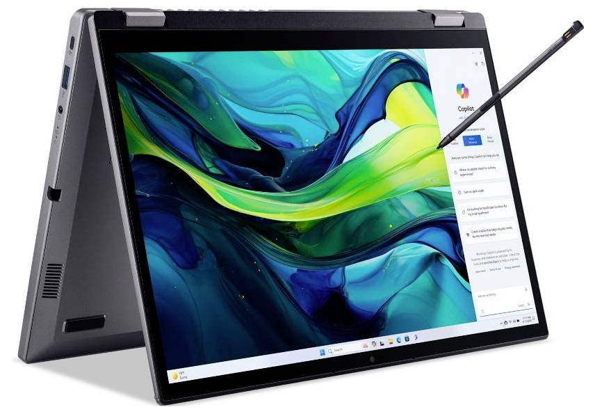 Konvertierbarer Laptop im Zeltmodus mit lebendigem abstraktem Bildschirmdesign und Interaktion mit Stylus-Stift, der Vielseitigkeit und Touchfähigkeit demonstriert.