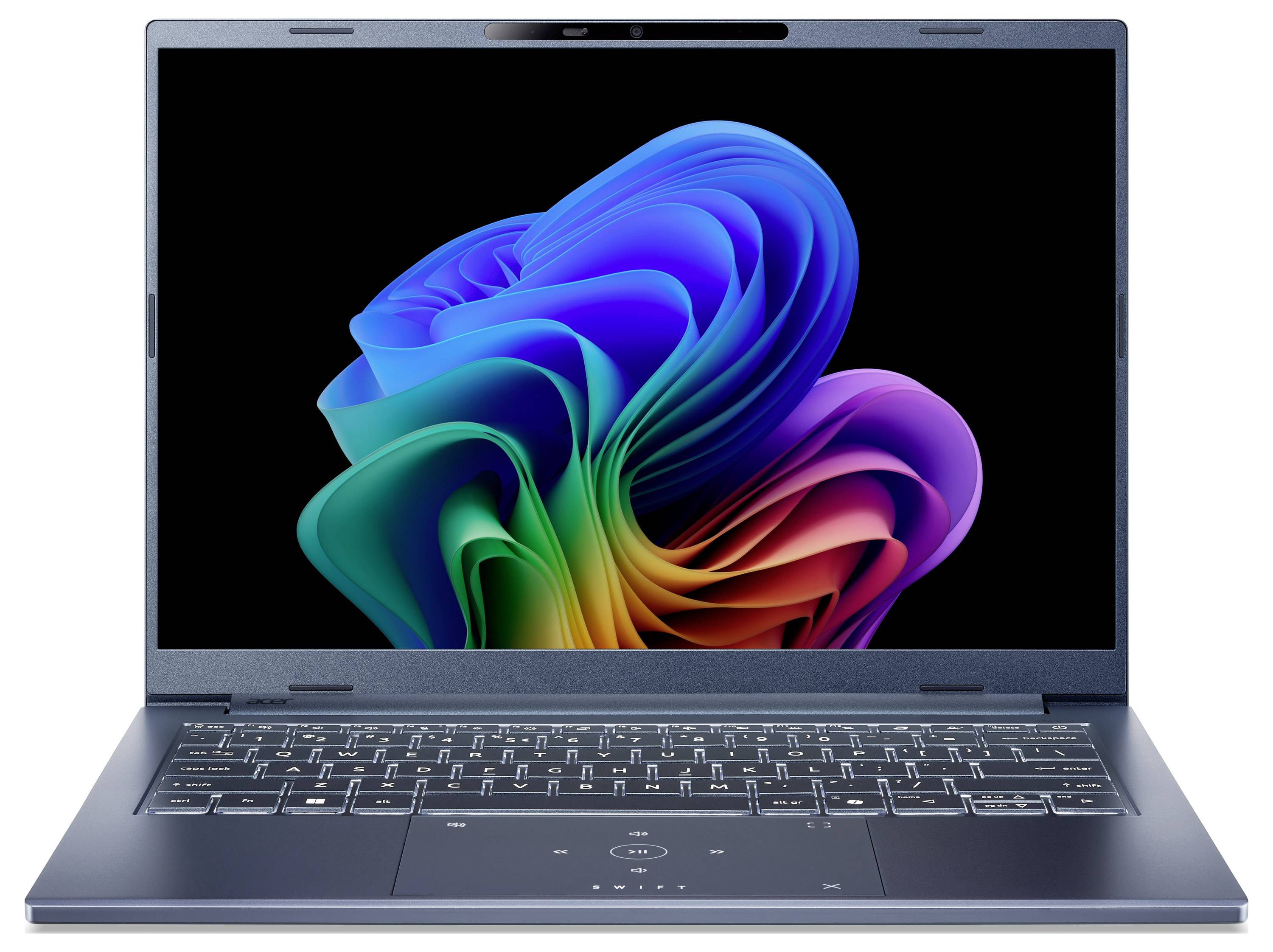 Ein Laptop, der ein mehrfarbiges abstraktes Design auf seinem Bildschirm zeigt. Die Tastatur und der umliegende Bereich sind sichtbar und deuten auf ein modernes Design hin.