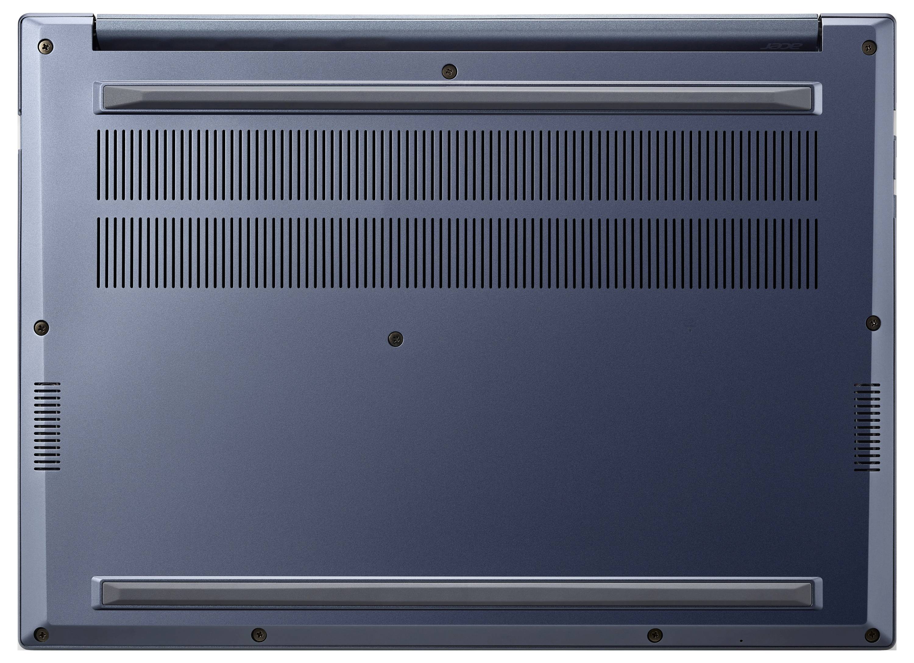 Die Unterseite eines geschlossenen Laptops mit Lüftungsschlitzen und Schrauben, die Kühlmechanismen und Zugangspunkte anzeigen.