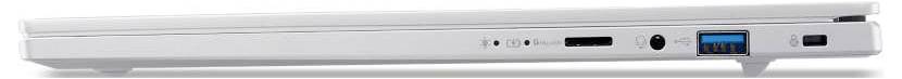 Ein schlanker silberner Laptop, von der Seite betrachtet, mit verschiedenen Anschlüssen wie USB und Kopfhörerbuchse.