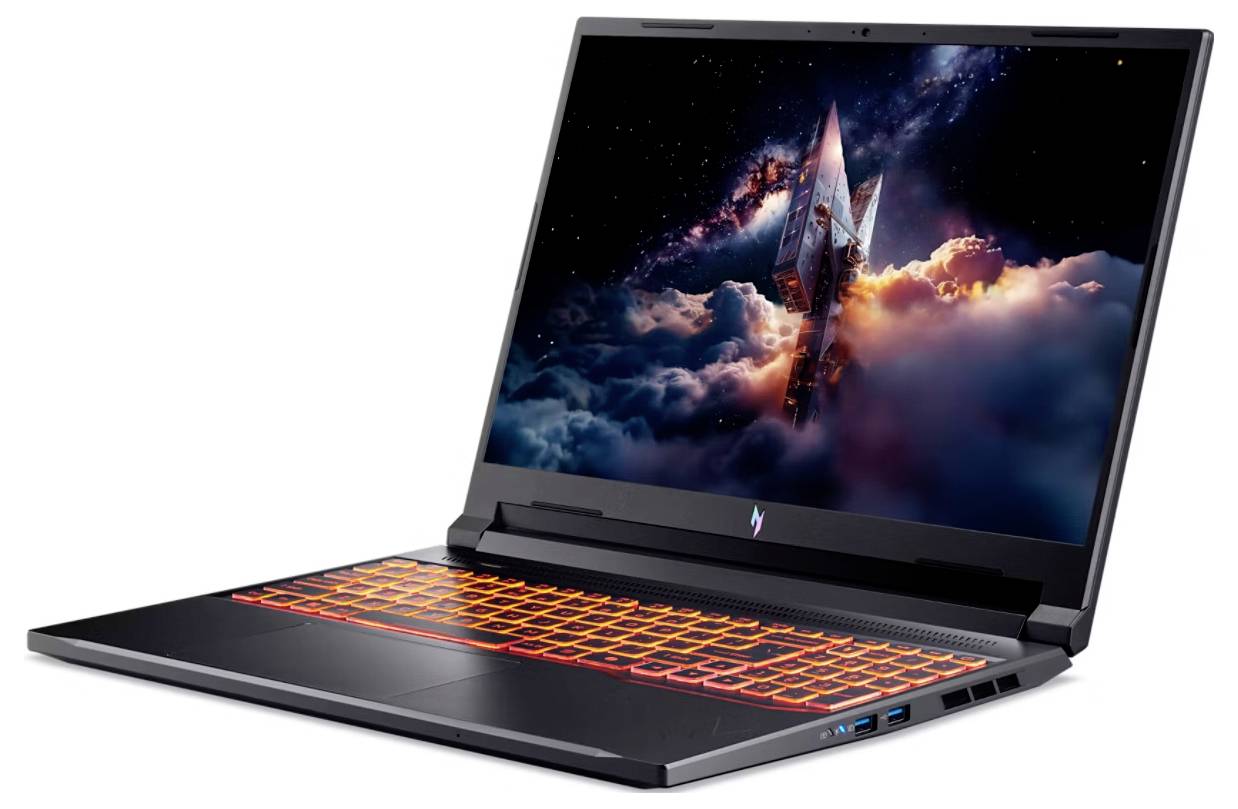 Ein schlankes Laptop mit einer farbenfrohen beleuchteten Tastatur zeigt eine lebendige weltraumthematische Grafik auf seinem Bildschirm, die ein Raumschiff in Wolken darstellt.