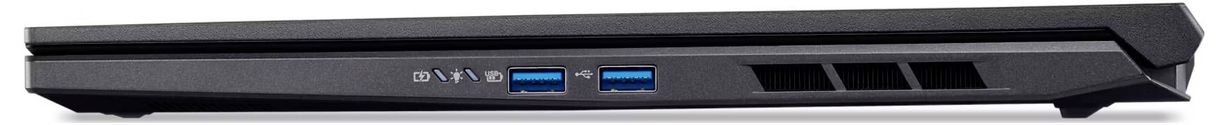 Ein geschlossener schwarzer Laptop von der Seite, der zwei USB-Anschlüsse und Lüftungsschlitze zeigt.