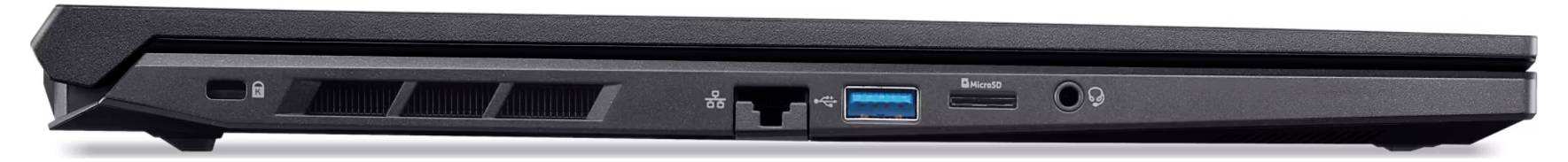 Seitenansicht eines geschlossenen schwarzen Laptops mit verschiedenen Anschlüssen: Ethernet, USB und Audiobuchse, mit Lüftungsschlitzen an der Seite.