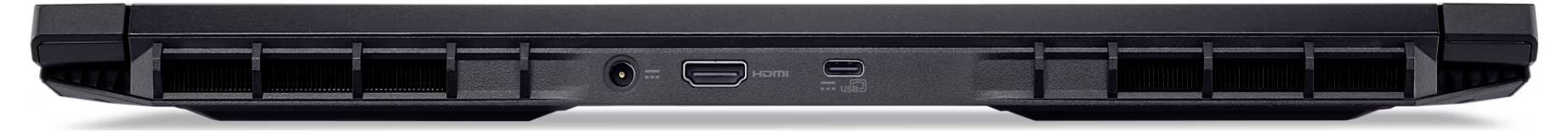 Das Bild zeigt die Rückansicht eines geschlossenen schwarzen Laptops mit sichtbaren Lüftungsschlitzen, einem Stromeingang und zwei USB-Anschlüssen.