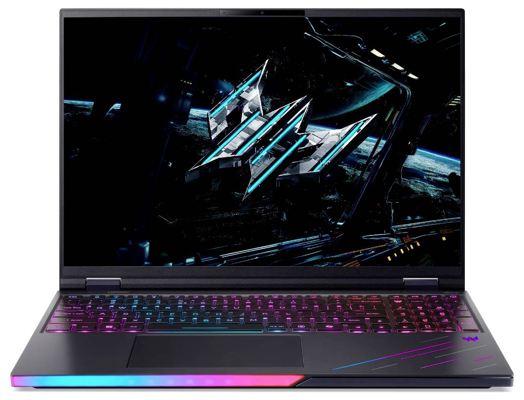 Ein schlankes Laptop mit einer leuchtenden RGB-Tastatur und einer futuristischen Raumschiff-Grafik auf dem Bildschirm, vor einem dunklen Hintergrund.