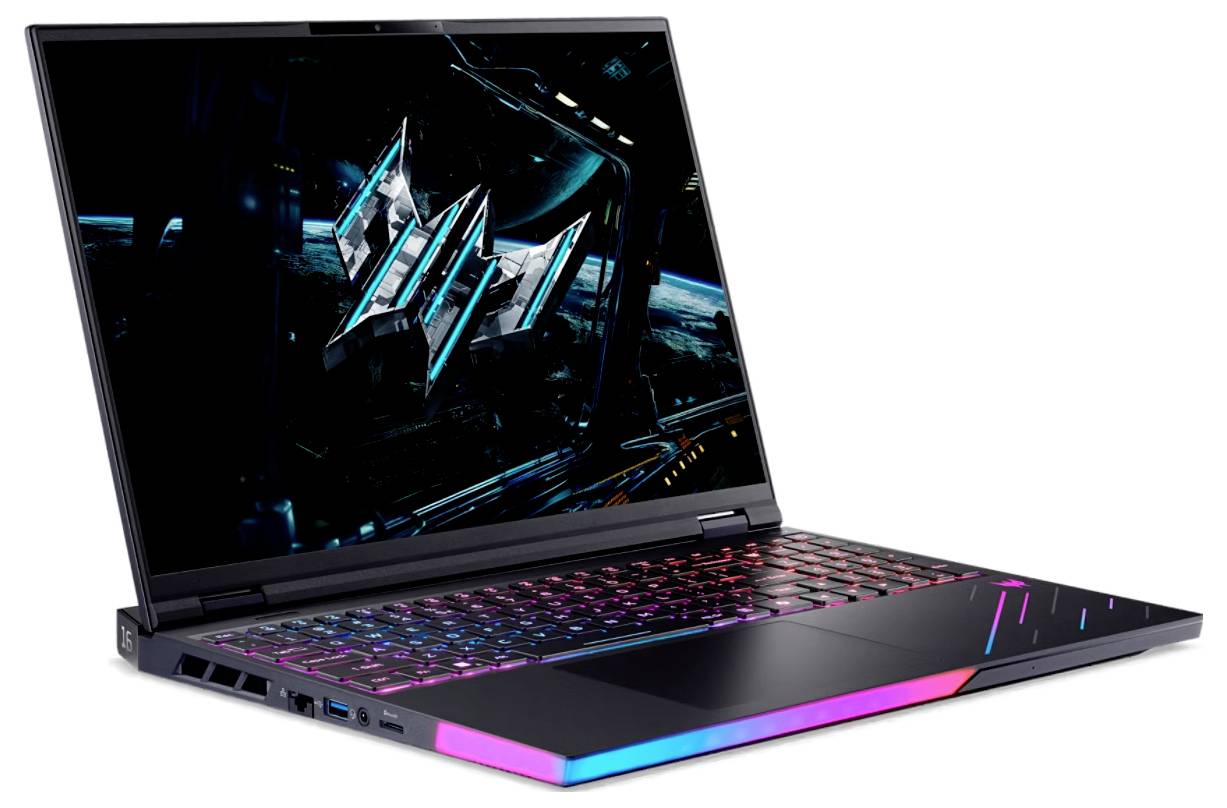 Ein Gaming-Laptop mit einer beleuchteten Tastatur, auf dessen Bildschirm ein buntes, futuristisches 'Predator'-Logo vor einem dunklen Hintergrund angezeigt wird.