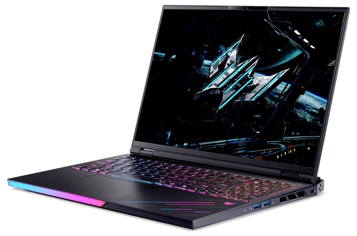 Ein schlanker, moderner Laptop mit einer leuchtenden RGB-Tastatur und einer futuristischen Raumschiff-Grafik, die auf seinem Bildschirm angezeigt wird.