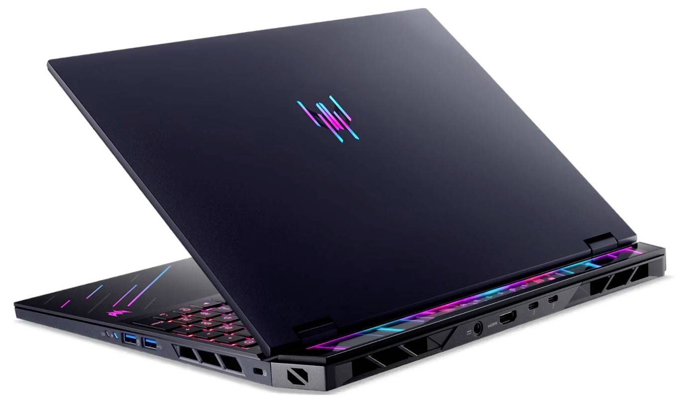 Ein schlankes, teilweise offenes schwarzes Gaming-Laptop mit farbig hinterleuchtetem Tastatur und Design-Akzenten, das moderne Technologie-Ästhetik präsentiert.