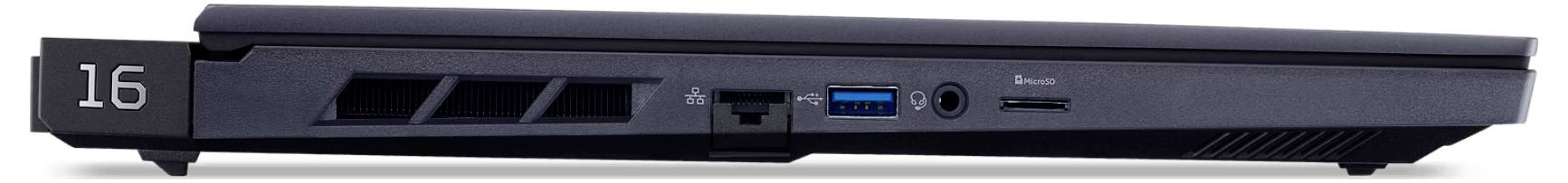 Seitenansicht eines schwarzen Laptops, der verschiedene Anschlüsse wie USB, Ethernet, HDMI und eine Lüftungsöffnung zeigt, mit der Zahl '16' am Scharnier.