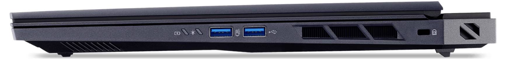 Ein geschlossener, schwarzer Laptop, von der Seite betrachtet, mit zwei USB-Anschlüssen, Lüftungsschlitzen und einem Teil des Scharnierbereichs.