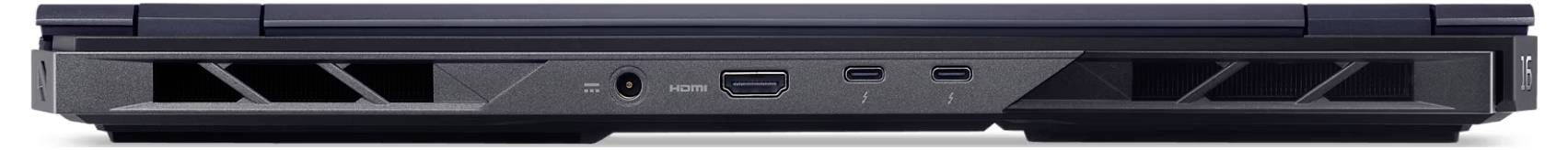 Rückansicht eines geschlossenen Laptops mit Belüftungsschlitzen, einem Stromanschluss und USB-Anschlüssen.