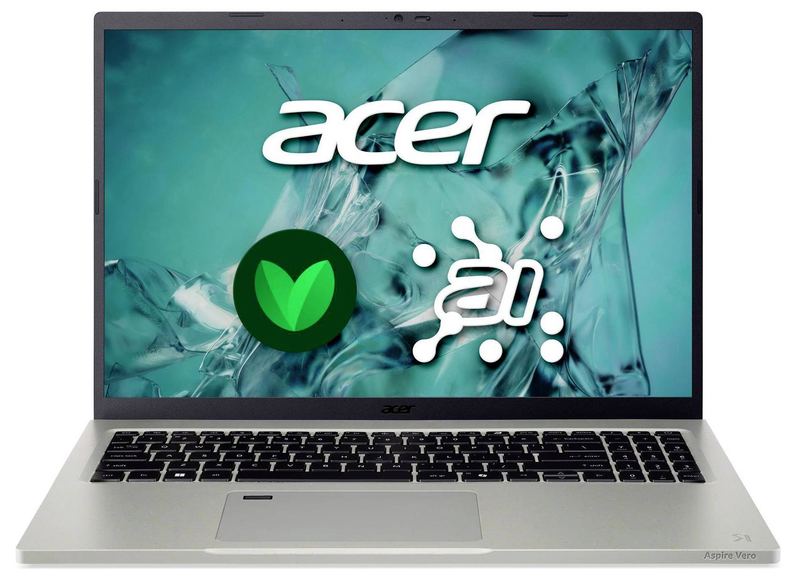 Ein silberner Acer-Laptop mit grünen, naturthematischen Symbolen auf dem Bildschirm, die umweltfreundliche Technologie symbolisieren.