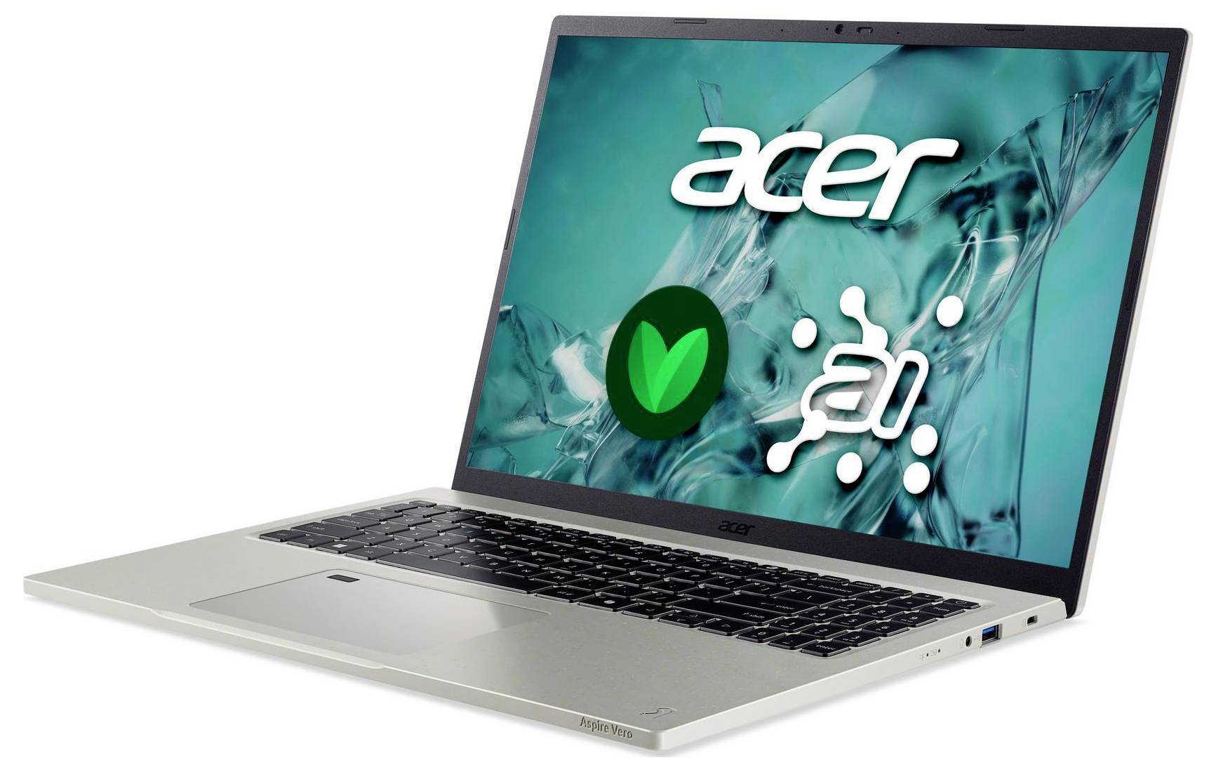 Acer-Laptop mit einem grünen Häkchen und abstraktem Design auf dem Bildschirm, aus einem Winkel betrachtet, wobei Tastatur und ein Teil des Bildschirms sichtbar sind.
