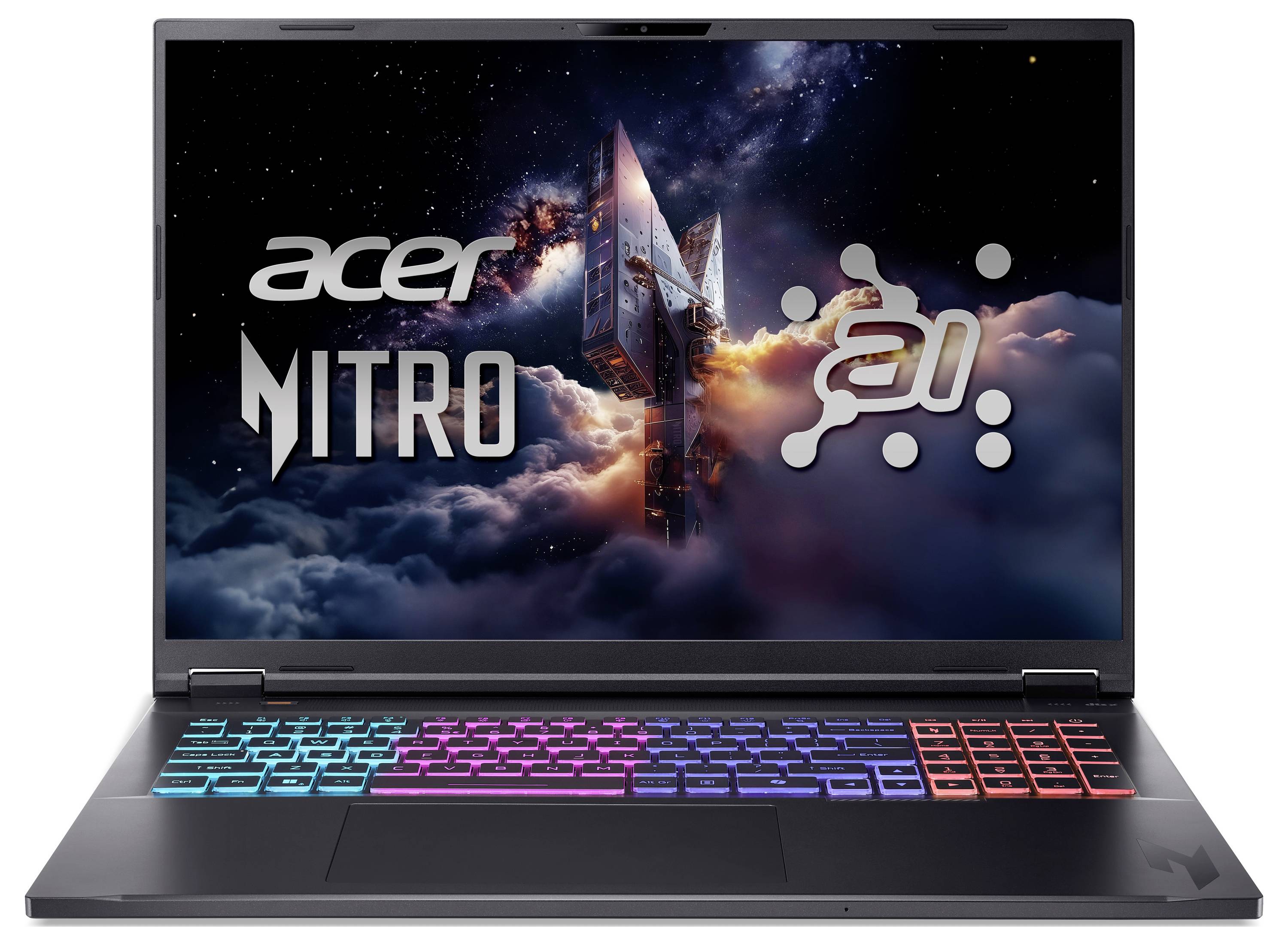 Ein Gaming-Laptop mit einem weltraumthematischen Hintergrund, auf dem ein Raumschiff sowie der Text ‚Acer Nitro' und ‚AI' zu sehen sind. Die Tastatur ist mit Regenbogenbeleuchtung ausgestattet.