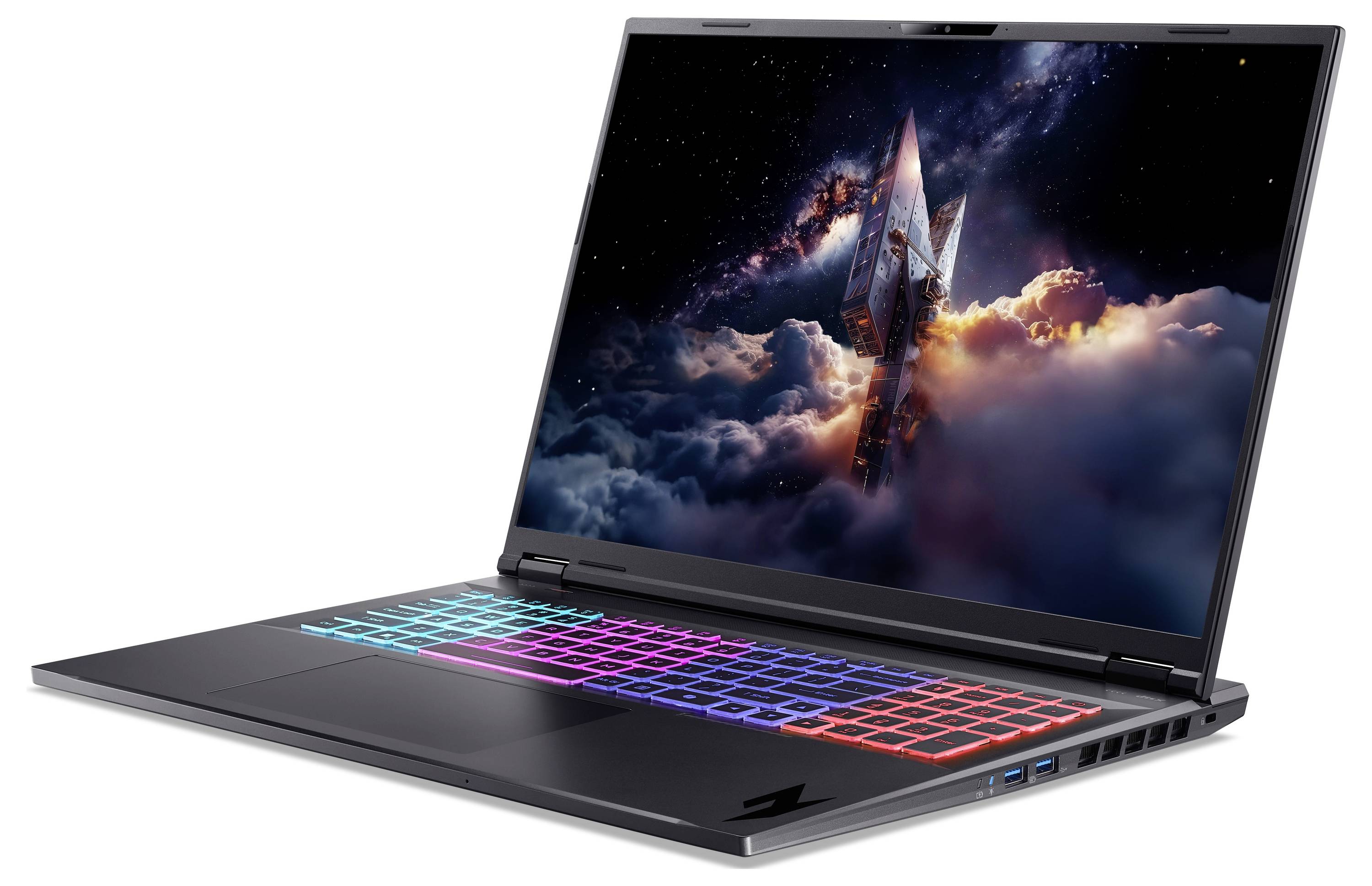 Ein schlankes Laptop mit einer farbenfrohen beleuchteten Tastatur und einem Bildschirm, der ein Raumschiff zeigt, das durch Wolken und Sterne fliegt.