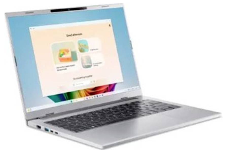 Ein silberner Laptop, der einen Bildschirm mit pastellfarbenen App-Symbolen und dem Text ‚Guten Tag' zeigt, was auf ein interaktives Dashboard-Interface hindeutet.