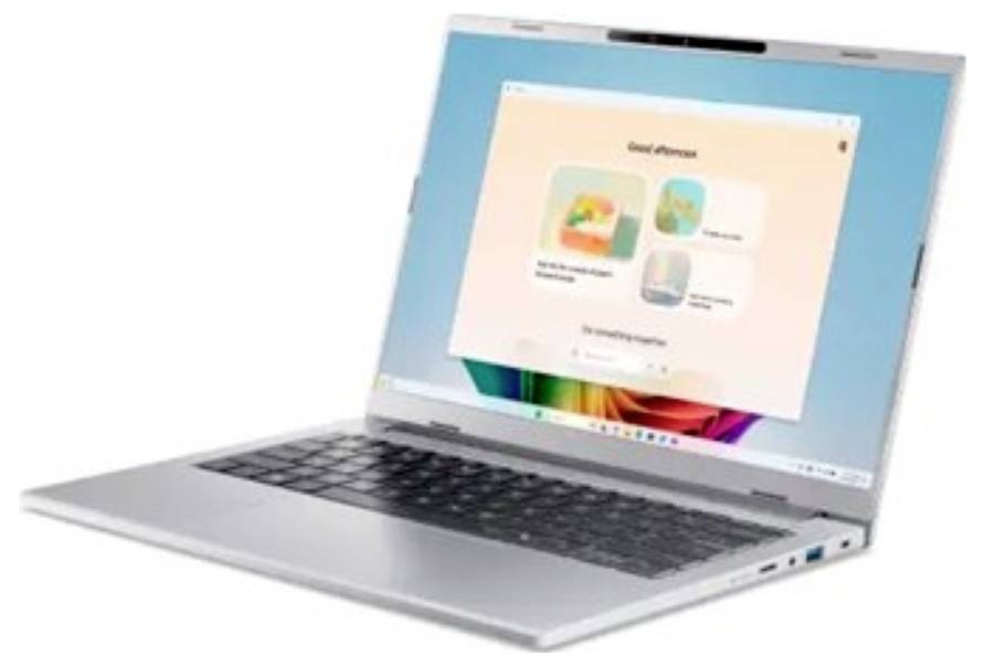 Ein silberner Laptop mit geöffnetem Bildschirm, der eine farbenfroh gestaltete Benutzeroberfläche zeigt. Die Tastatur und das Touchpad sind sichtbar.