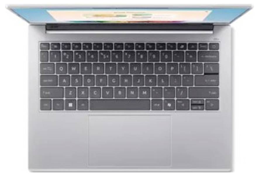 Draufsicht eines geöffneten silbernen Laptops mit schwarzer Tastatur und Touchpad.