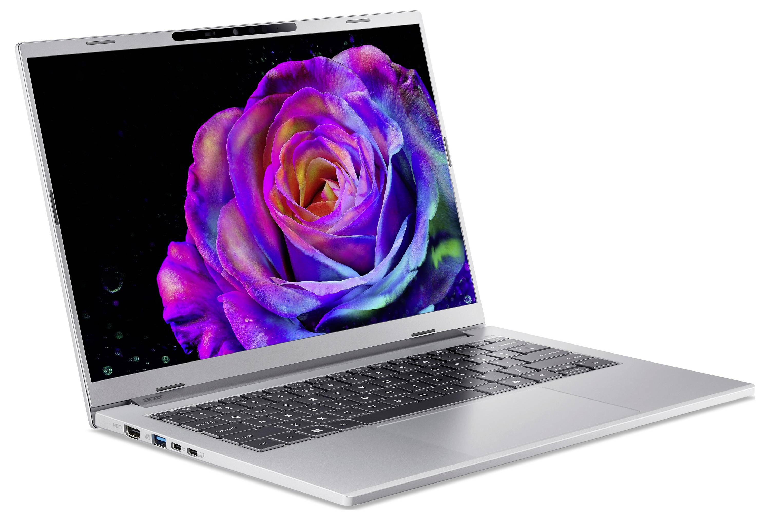 Ein schlanker Laptop mit einer lebendigen, mehrfarbigen Rose, die auf seinem Bildschirm dargestellt ist. Der Laptop ist schräg positioniert und unterstreicht sein schlankes Design und die Tastatur.
