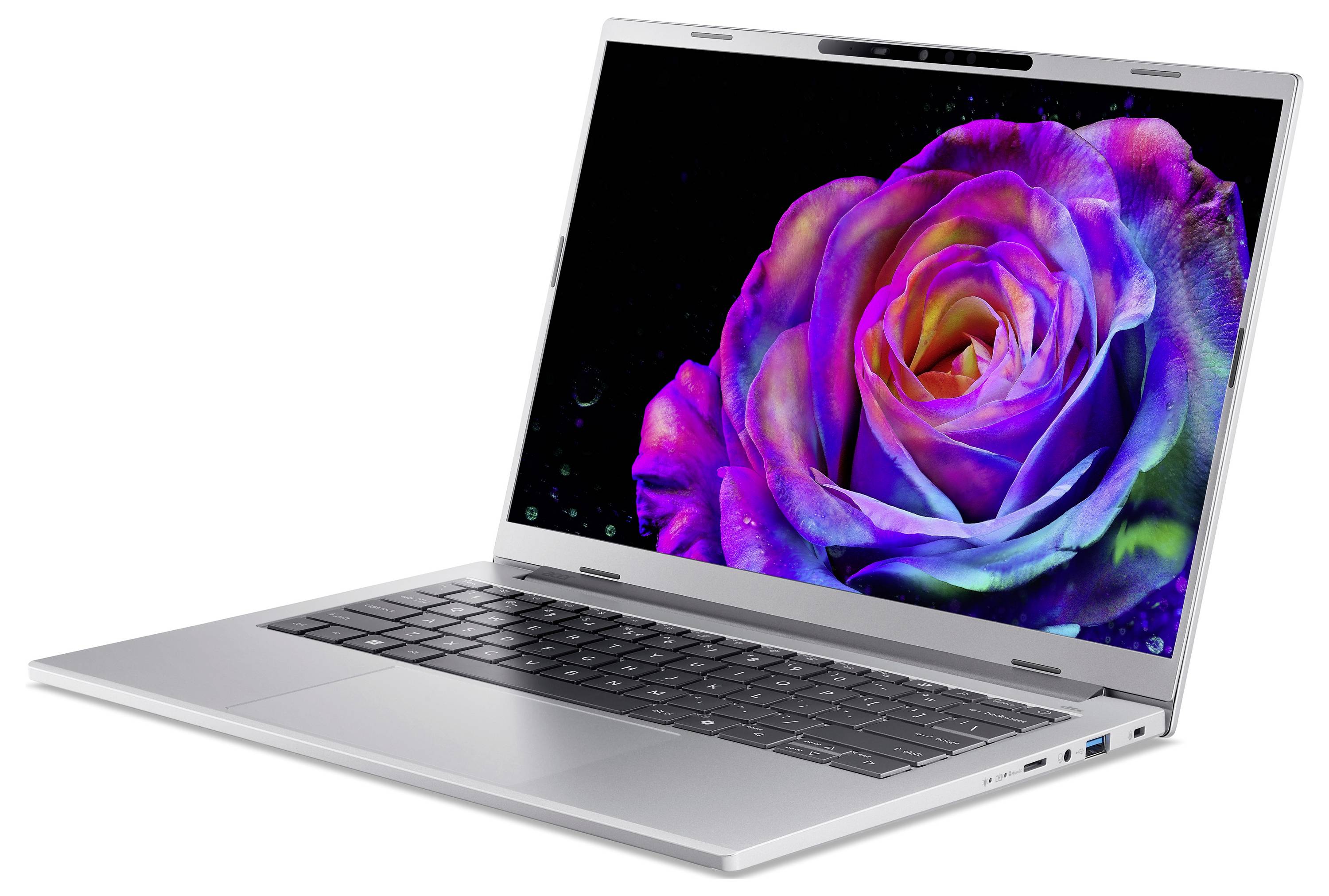 Ein Laptop, der eine lebendige, mehrfarbige Rose auf seinem Bildschirm zeigt. Der Laptop ist nach rechts geneigt, wodurch sein schlankes Design und seine Tastatur zur Geltung kommen.