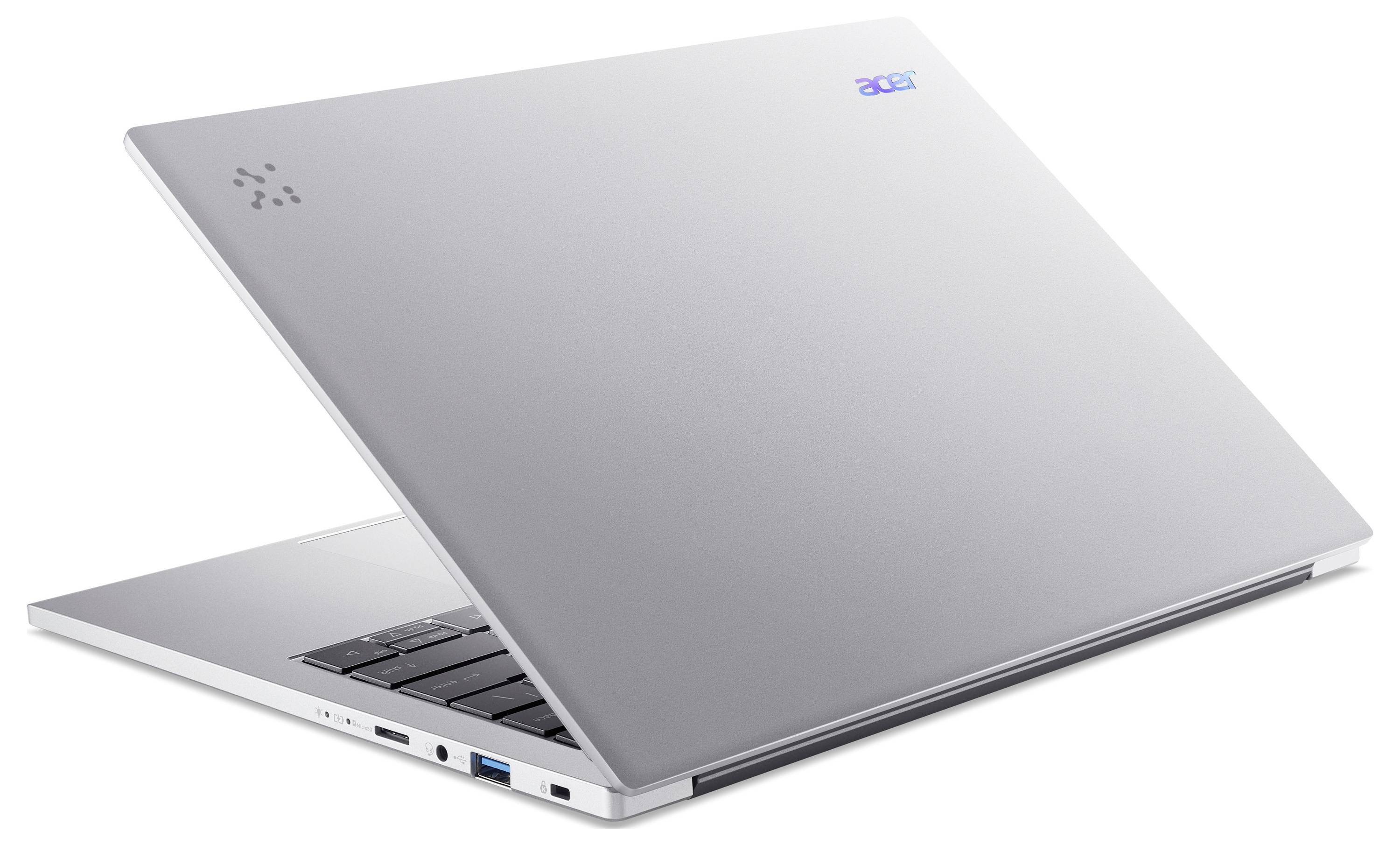 Acer-Laptop teilweise geöffnet, zeigt ein schlankes Metalldesign. Das Gerät verfügt über mehrere Anschlüsse, darunter USB und HDMI an der Seite.