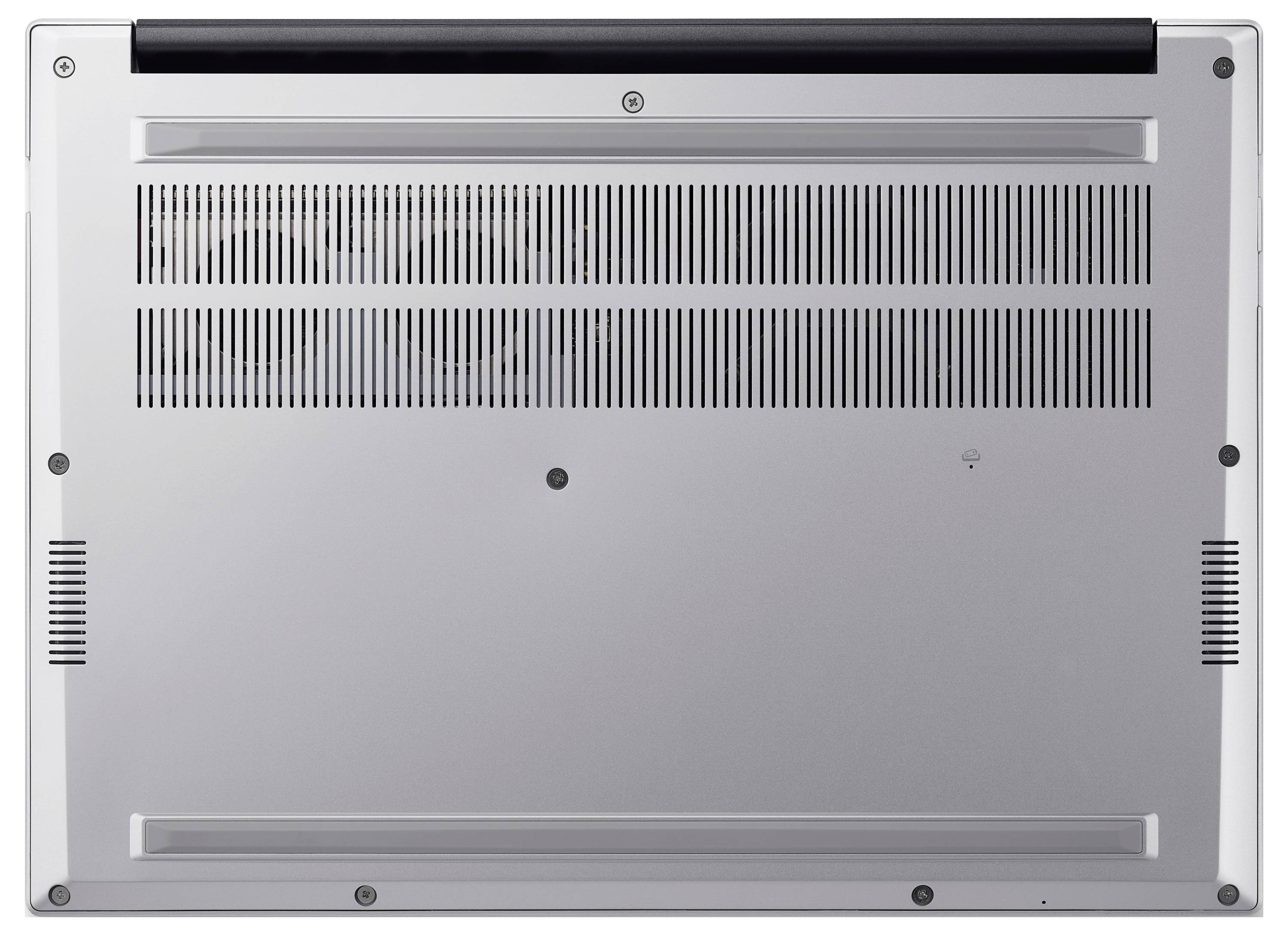 Laptop-Unterseite mit Lüftungsschlitzen und sichtbaren Befestigungspunkten.