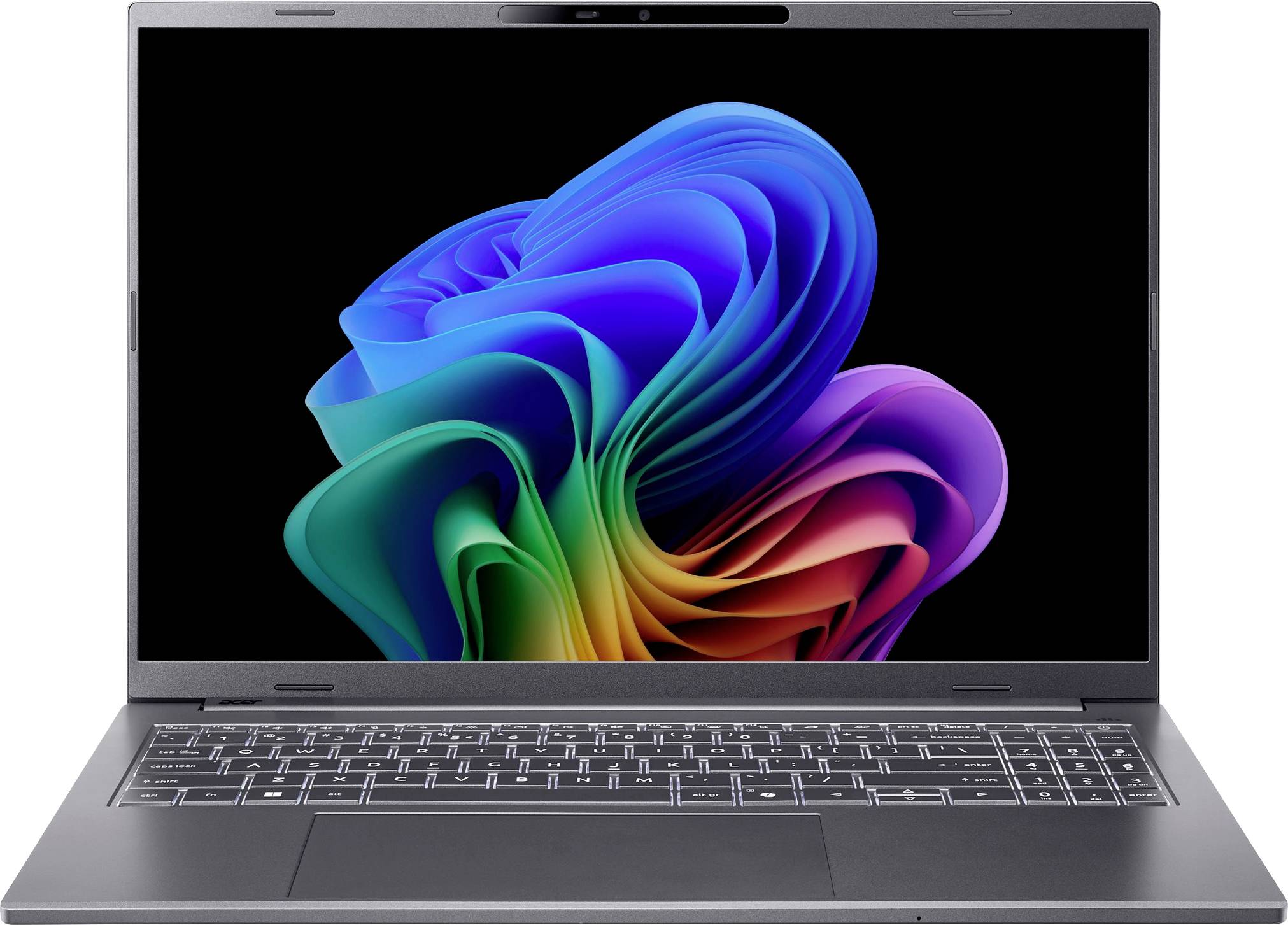 Ein schlankes Laptop mit einem farbenreichen abstrakten Design auf dem Bildschirm, das lebhafte blaue, grüne und rosa Wirbel auf einem schwarzen Hintergrund zeigt.