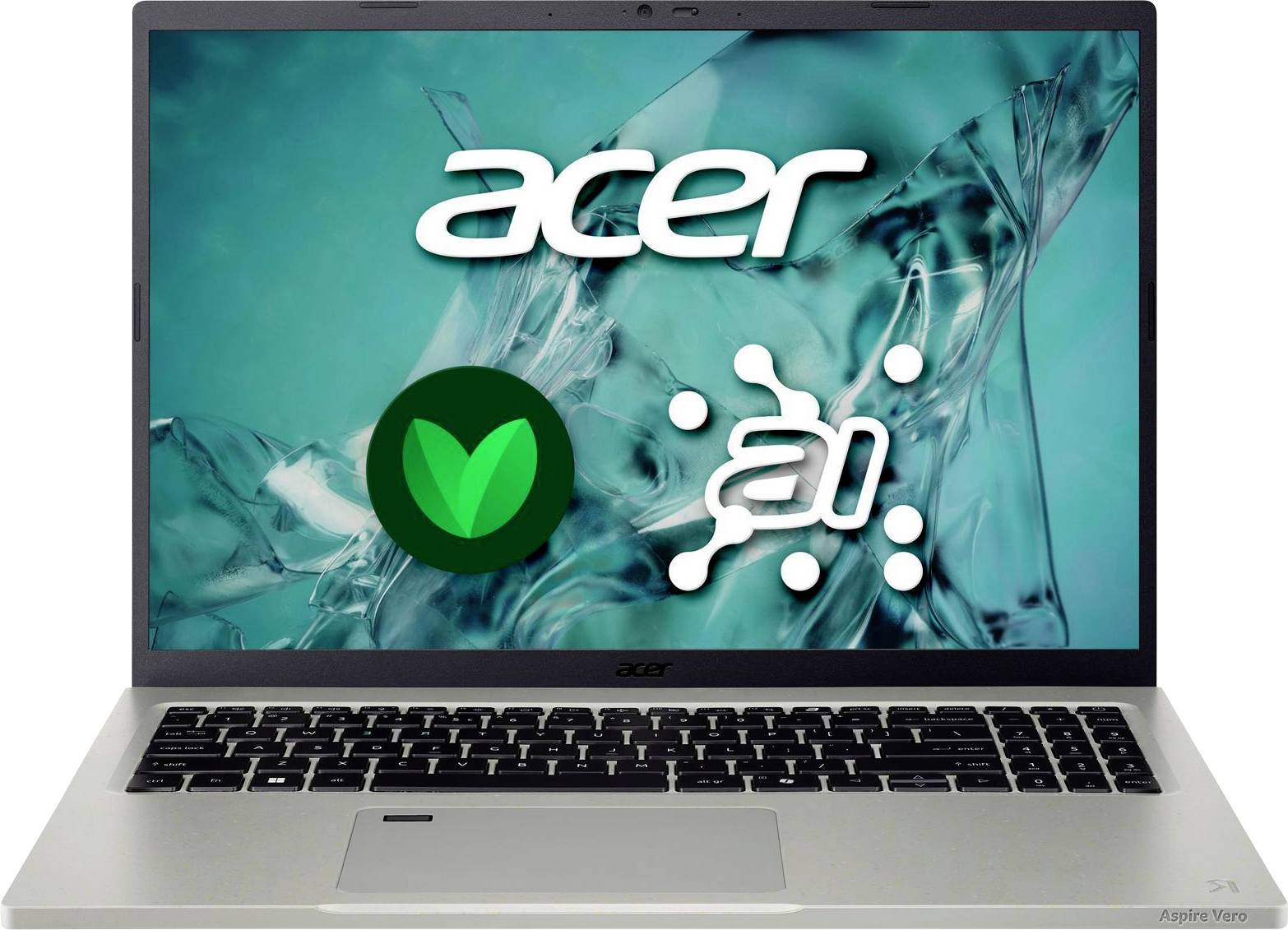 Ein Laptop-Bildschirm, der das Acer-Logo über zwei App-Symbolen auf einem abstrakten blauen Hintergrund zeigt.
