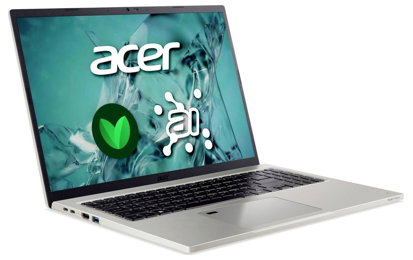 Ein silberner Acer-Laptop mit einem Bildschirm, auf dem ein Logo und Splash-Designs zu sehen sind.