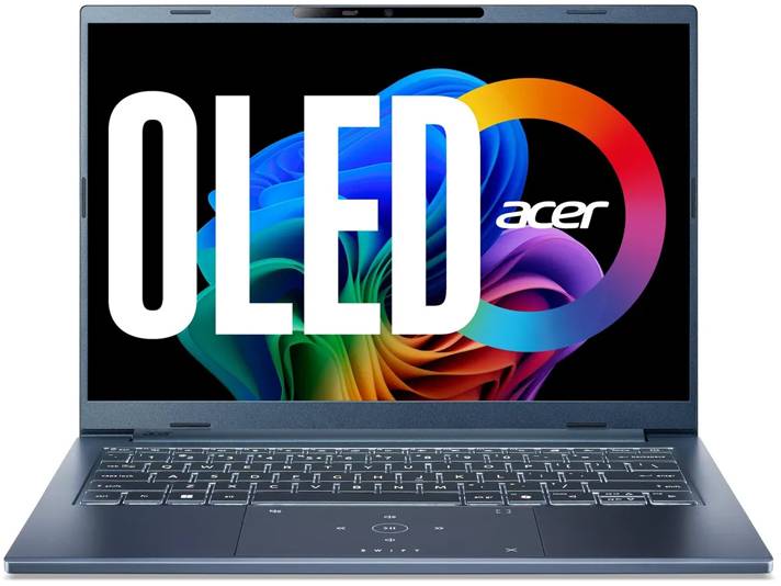 Ein Laptop, der ein leuchtendes Display mit großem 'OLED' Text und einem bunten kreisförmigen Design um das 'acer' Logo zeigt, der die Bildschirmqualität hervorhebt.