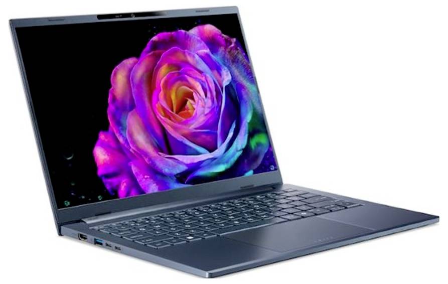 Ein schlankes Laptop mit einer farbenfrohen Rose auf dem Bildschirm, die lebendige Pink-, Lila- und Blautöne zeigt. Das Laptop ist geöffnet und leicht nach rechts geneigt.