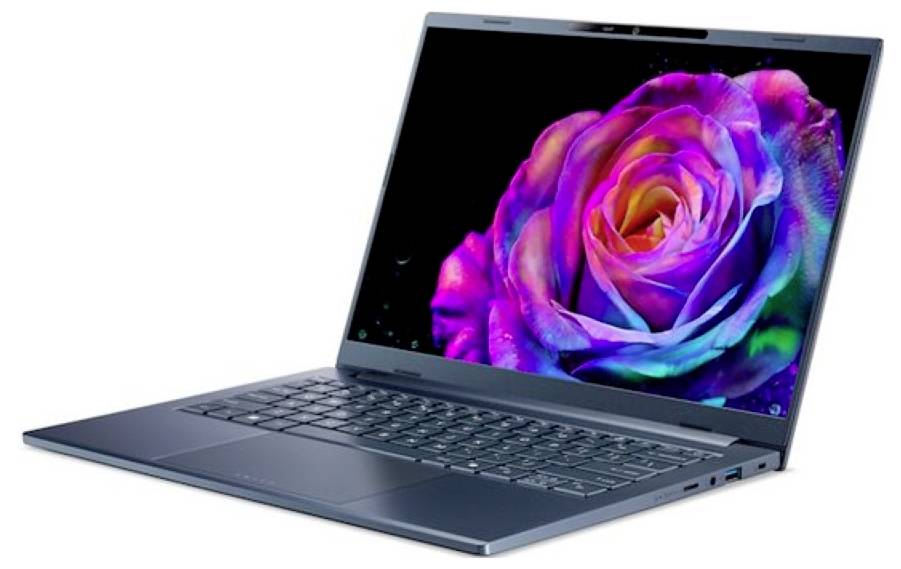 Ein Laptop mit einer lebendigen, farbenfrohen Rose, die auf dem Bildschirm zu sehen ist und kräftige Rosa-, Violett- und Blautöne vor einem dunklen Hintergrund präsentiert.