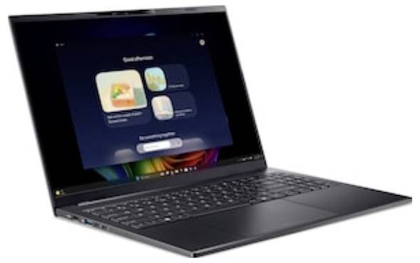 Ein schlanker schwarzer Laptop mit einem sichtbaren Bildschirm, der App-Symbole und Text auf einer dunklen Oberfläche zeigt und ein modernes und effizientes Design andeutet.